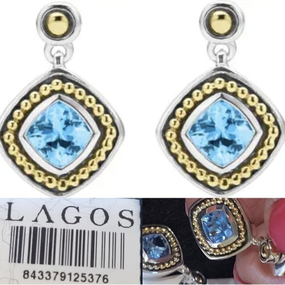 $750 NEW LAGOS CAVIAR 18K GOLD + STERLING SILVER BLUE TOPAZ DROP EARRINGS NWT